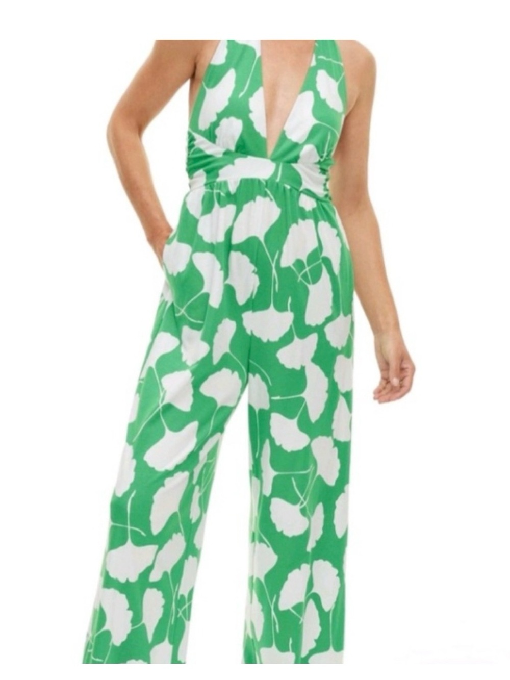 Diane Von Furstenberg Green & White Floral Halter Jumpsuit